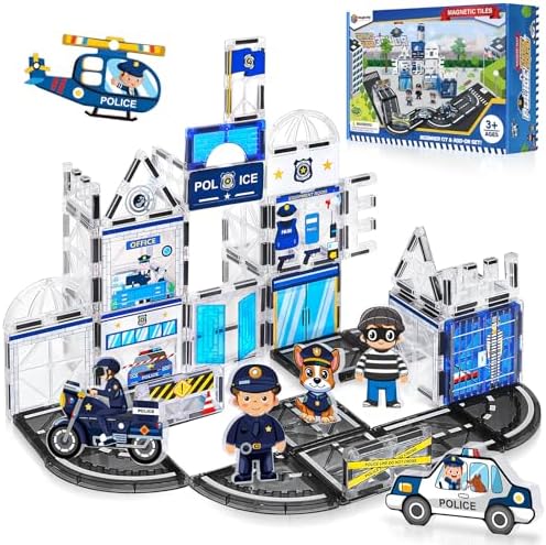 60PCS Police Station Magnetic Tiles Construction Set with 6 Magnetic Dolls by Magbubp