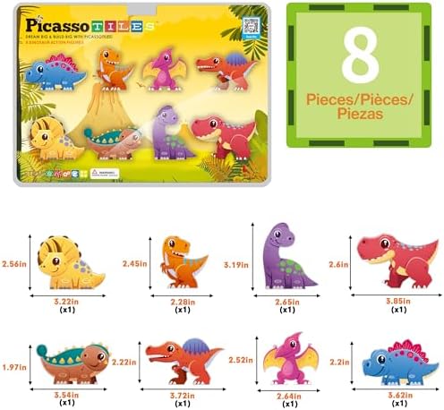 PicassoTiles Dinosaur Toys Magnet Tiles Building Blocks 8 Magnetized Action Figures Compatible Magnetic Construction Build and Play Tile Accessory Toy STEAM Educational Learning Toys Kids Ages 3+ - Image 3