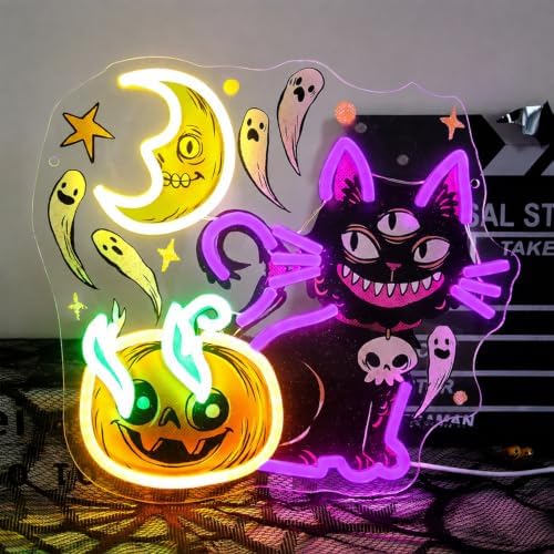 Three Eyed Cat Pumpkin Neon Sign Scary Ghost LED Neon Light Halloween Decor by CKTBLEY