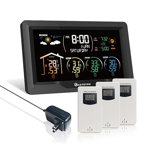 KETOTEK Wireless Radio Weather Station with 3 Outdoor Sensors Indoor Outdoor LCD Digital Thermometer Hygrometer Barometer with WWVB,Alarm Clock,Weather Forecast,Moon Phase,Sunrise and Sunset Time