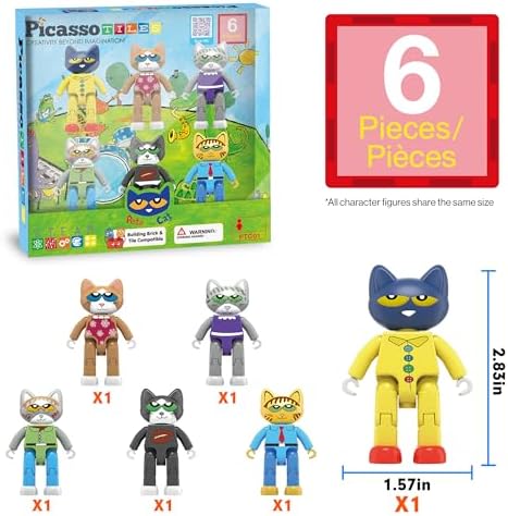 PicassoTiles 6pcs Pete the Cat Magnetic Figures Family Animal Action Character Toddler Toys Magnet Expansion Pack Building Blocks Add-on Educational STEM Learning Kit Construction Brain Tiles PTC01 - Image 3