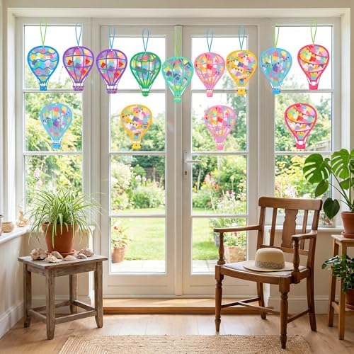 Renbuzhu 48PCS Back to School Crafts: Paper Hot Air Balloon Suncatchers DIY Kits, Summer Window Stained Glass Effect Art Supplies - Image 2