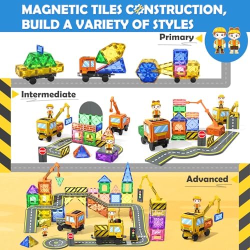 Soyee 102 PCS Magnetic Tiles with 2 Cars & 2 Cranes - Image 6