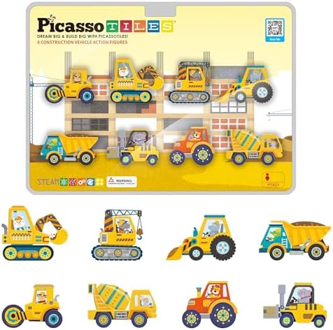 PicassoTiles Magnetic Tile Building Blocks Add On 8 Magnetized Action Figures Construction Vehicles & Zoo Animal Theme Compatible with Magnet Tiles Sets STEM Learning Toy for Boys & Girls Age 3+ PTA21 by PicassoTiles
