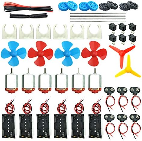 EUDAX 6 Set DC Motors Kit, Mini Electric Hobby Motor 3V -12V 25000 RPM Strong Magnetic with Shaft Propeller, 2 x AA Battery Holder,9V Battery Clip Connector,Plastic Wheels for DIY Science Projects by EUDAX