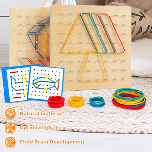 2Pack Wooden Geoboard,Montessori Toy,Graphical Mathematical Education Toy for Kids with Pattern Cards and Rubber Bands to Figures and Shapes, Brain Teaser STEM Toy Geo Board. - Image 4