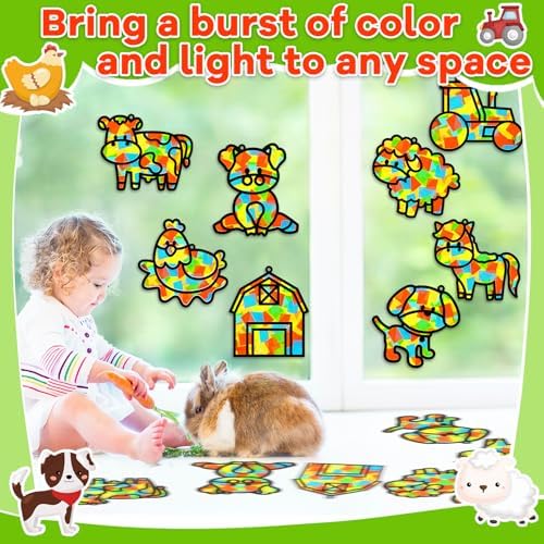 QOUBAI 32 Sets Farm Animals Suncatchers Craft Kit DIY Window Stained Glass Effect Cow Horse Chicken Paper Craft Home School Classroom Decoration Kid Birthday Gift Creative Art Project Activity Game - Image 5