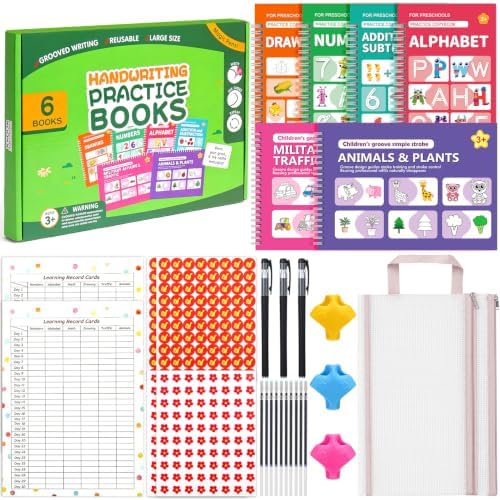 Vodolo 6 Pack Magic Grooved Writing Practice Books for Kids,Reusable Handwriting Practice with Pen,Pencil Grisp and Learning Schedule,Pecfect Tracing Copybook for Kindergarten Preschool Age 3-8 by Vodolo
