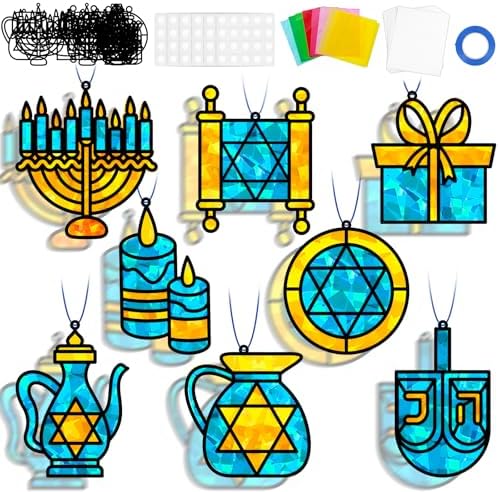 QOUBAI 32 Sets Hanukkah Suncatchers Craft Kit DIY Window Stained Glass Effect Chanukkah Paper Crafts for Home School Classroom Decoration Kid Birthday Gift Creative Art Project Activity Game by QOUBAI