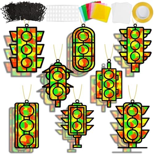 QOUBAI 32 Sets Traffic Light Suncatchers Craft Kit DIY Window Stained Glass Effect Traffic Lamp Paper Crafts Home School Classroom Decoration Kid Birthday Gift Creative Art Project Activity Game by QOUBAI