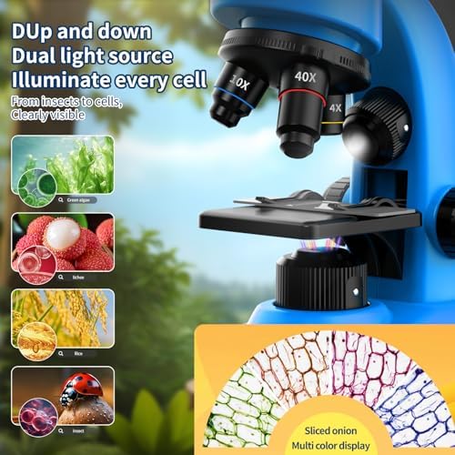 Microscope for Kids Scientific Experiment Kit 40X-1600X Magnification LED Light Educational STEM Kit with Slides and Lab Tools (Blue) - Image 2