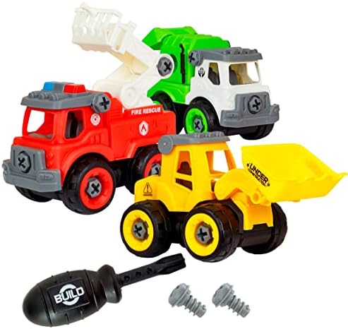 Power Gearz Take Apart Toy with Screwdriver and Screws- 3 Pack Truck Set for Boys and Girls- Fire Truck, Construction Garbage Trucks- Vehicle Set - Building Toys for Kids Ages 3-5 by Flybar