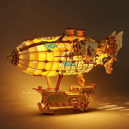 FUNPOLA LED 3D Wood Puzzle Fantasy Airship Model - Steampunk DIY Craft Kit with LED Lights – Intricate Wooden Airship Model Building Set for Adults(White) - Image 2