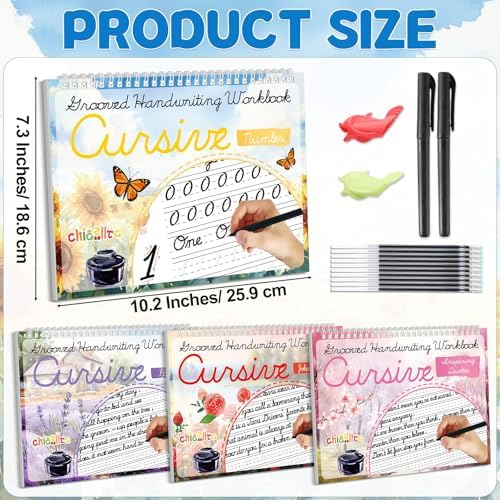 chiazllta 4 Pack Grooved Cursive Handwriting Practice Kit with Disappearing Ink Pens Magic Reusable Grooved Cursive Writing Workbooks Copybook for Kids (Poems&Number&Jokes Riddles&Inspiring Quotes) - Image 2