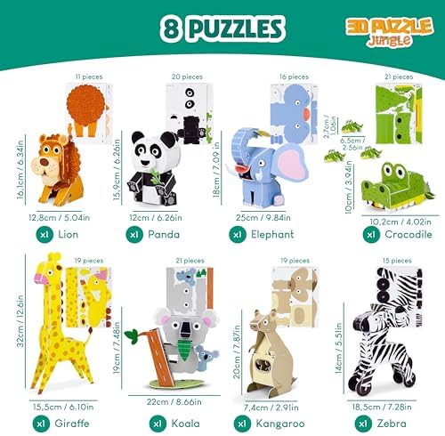 BONNYCO 3D Puzzles for Kids Toys Jungle Animals Pack 8. 3D Puzzle Jigsaw 6-8 9-13, Educational Girl and Boy Toys. Gifts for Kids Activity, Birthday Gifts for Boys. Rompecabezas 3-D Foam, Christmas - Image 2
