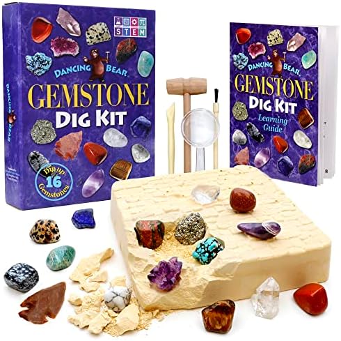 DANCING BEAR Gem stone Dig Kit, Excavate 16 Real Gems & Crystals including Arrowheads, Quartz Point and Amethyst, STEM Education for Kids, Fun Rock Mining Science Activity Gift Sets for Girls and Boys by DancingBear