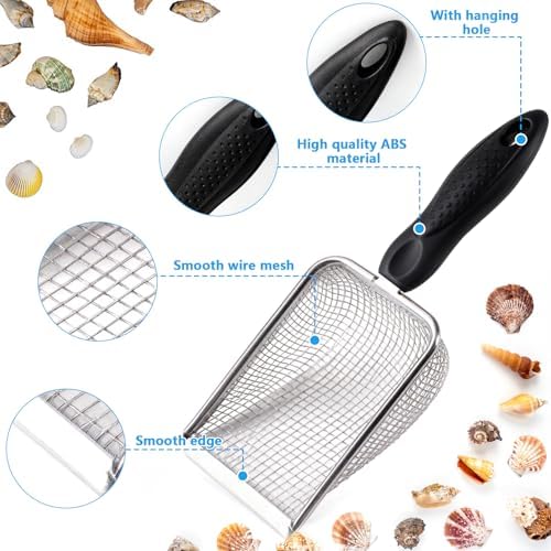 fethwoin 2Pcs Shark Tooth Sifter with 2Pcs Mesh Shell Bags, Beach Sand Sifter, Sea Shell Scooper for Beach, Sand Beach Toys for Kids, Medium, Blue - Image 3