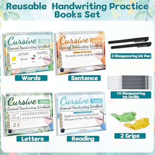 gisgfim 4 Pack Grooved Cursive Handwriting Workbook Kit Magic Reusable Grooved Handwriting Practice with Disappearing Ink Pens Cursive Kickoff Student Workbook for Kids Words Letters Sentences Reading - Image 3