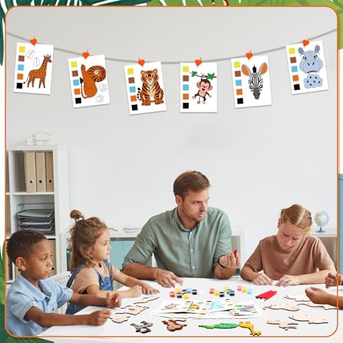 Pasimy 162 Pcs Safari Party Favors Jungle Craft Kits Party Supplies Jungle Animals Wooden Painting Kit Watercolor Cards Wooden Cutouts Goodie Bag for Wild Theme Birthday DIY Project Activities(Safari) - Image 6