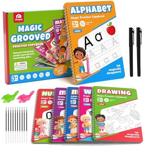 Coogam 6Pcs Magic Grooved Writing Practice for Kids, Grooved Handwriting Copybook with Pens, Learn to Write Number Letter Tracing Workbook for Kids Age 3-8 Preschool Learning Activities by Coogam