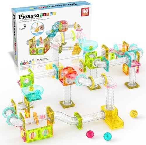 PicassoTiles Magnet Tile Building Block 80pc Marble Run Race Track Travel Size Pretend Play Toy With Launcher Lifter STEM Education Learning Magnetic Tiles Construction Kit School Boys Girls 3+ PTMG80 by PicassoTiles