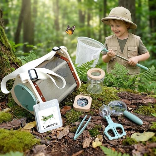 Kids Nature Explorer Kit, Bug Catcher Set with Insect Habitat, Butterfly Net, Magnifier, Tweezers, Compass and Insect Cards,Wooden Bug Catcher Kit for Ages 3-12, Science STEM Learning Gift - Image 2