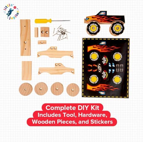 Little Jupiter DIY Wooden Kits w/Stickers - Kids Building Kit - Stem Toys for Ages 4-7 - Wood Crafts for Kids - Woodworking Kits (Monster Truck 1 & Race Car) - Image 5