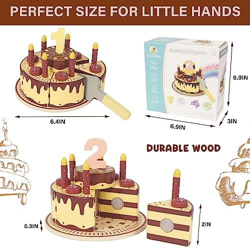 Pretend Play Food for Toddlers 2-5,Wooden Birthday Fake Cake Toy - Image 3