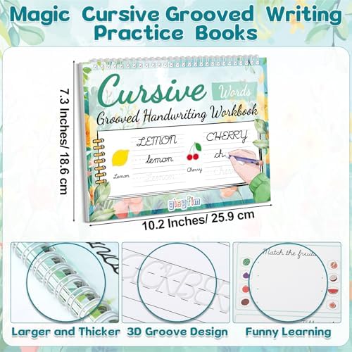 gisgfim Grooved Cursive Handwriting Workbook Magic Reusable Grooved Cursive Handwriting Practice Guided Tracing with Disappearing Ink Pens for Beginners Kids Learning Activities Supplies (Words) - Image 2