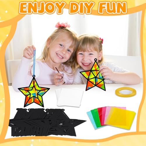 QOUBAI 32 Sets Stars Suncatchers Craft Back to School DIY Stained Glass Window Patriotic 4th of July Paper Craft Home School Classroom Decor Kid Birthday Gift Creative Art Activity Game - Image 4