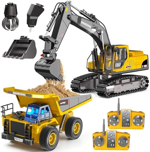 Remote Control Excavator and Dump Truck Toy Set for Kids, 2.4GHz RC Construction Vehicles with Light, Sound Effects, Metal Bucket, Claw and Drill Attachments, Engineering Truck Toys for Boys and Girls by CozyBomB