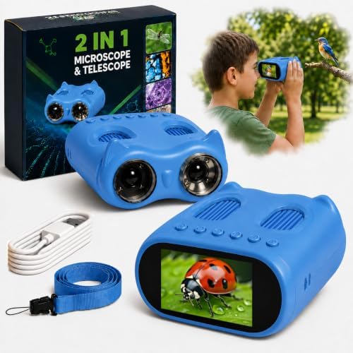 1000X Microscope for Kids, 2-in-1 Kids Microscope Telescope with 2.0" Digital Screen, Handheld Microscope, Science Kits, STEM Toys Birthday Gifts for 4 5 6 7 8 9 10 12 Year Old Girls Boys (Blue) by Ichiha