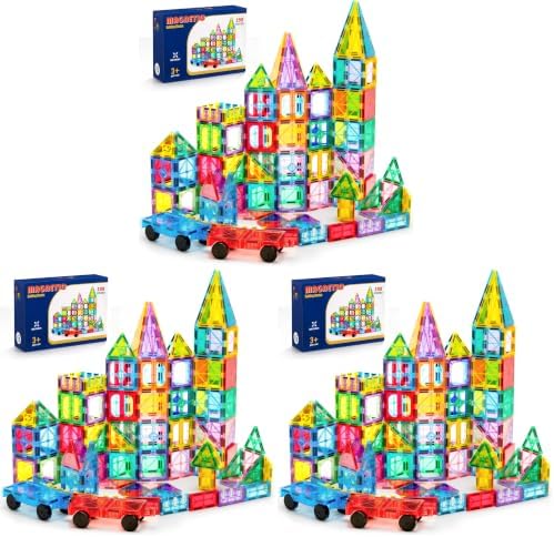 Ryoichi 138PCS Magnetic Tiles Set with 2 Cars, STEM Educational Construction Building Blocks & Montessori Learning Toys for Kids Ages 3-9+ Years (Pack of 3) by Unknown