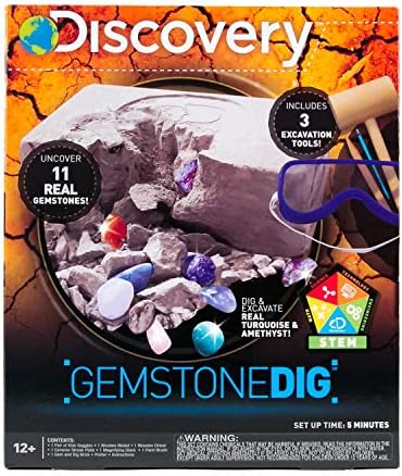 Discovery Kids Gemstone Dig Stem Science Kit by Horizon Group Usa, Excavate, Dig & Reveal 11 Real Gemstones, Includes Goggles, Excavation Tools, Streak Plate, Magnifying Glass & More by Discovery