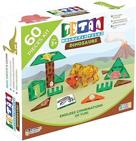 Tytan Tiles Dinosaurs 60-Piece Magnetic Tiles Building Set, Dino Safari Land Kids’ STEM Toy, Creative Play, Shape & Pattern Recognition, Fine Motor Skills, Includes Storage Bag, Ages 3 and Up by TytanToys