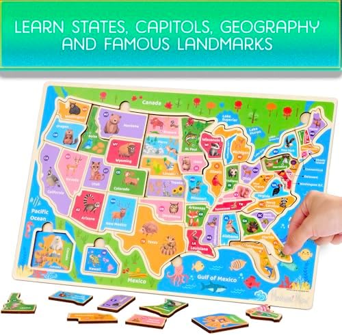 Montessori Mama USA Map Wooden Puzzle, Puzzles for Kids Ages 4-6 Educational Toys for 4 Year Old Kids Puzzles Ages 5-8 Landmarks, Animals, Capitols and States - Image 2