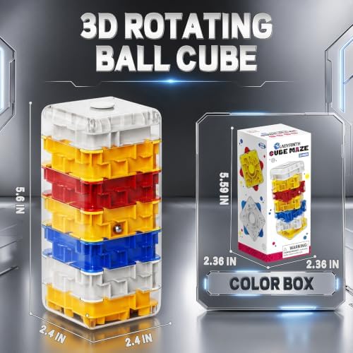 3D Maze Cube Ball Puzzle Brain Teaser for Adults & Kids, Educational Learning Toys Logical Thinking, Family Board Games Tabletop, Durable Puzzle Cube (White&Blue&Red&Yelllow, 2.4x2.4x5.6) - Image 2