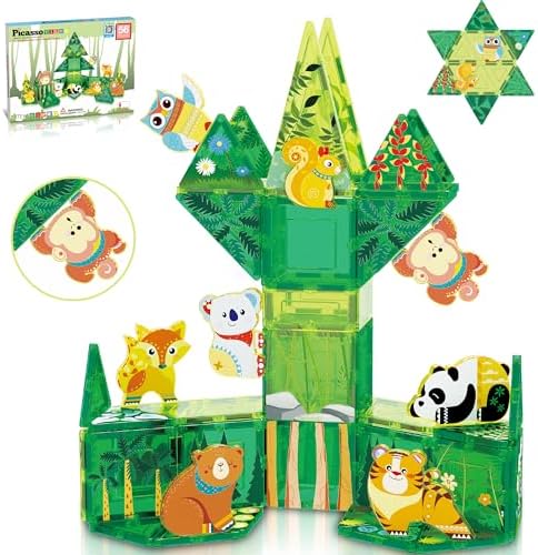 PicassoTiles Magnet Tile Building Blocks Forest Animal Theme Toy Set with 8 Character Action Figures Educational STEM Learning Construction Kit Pretend Play Magnetic Tiles Preschool Kids Ages 3+ PTQ16 by PicassoTiles