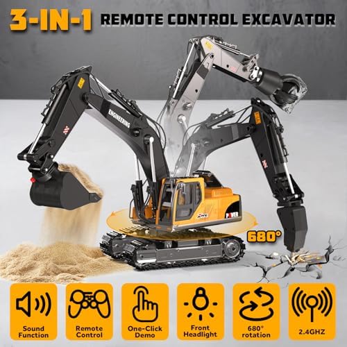 Remote Control Excavator Toys, 3-in-1 Metal Bucket/Claw/Drill, Turns 680° - Construction Toys with Lights/2 Recharge Batteries/Music, Christmas Birthday Gifts Mini RC Excavator Toys Boys for 3+ - Image 2