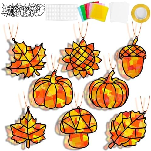 32 Sets Fall Thanksgiving Suncatchers Craft Kit DIY Window Stained Glass Effect Autumn Harvest Paper Crafts Home School Classroom Decoration Kid Birthday Gift Creative Art Project Activity Game by QOUBAI