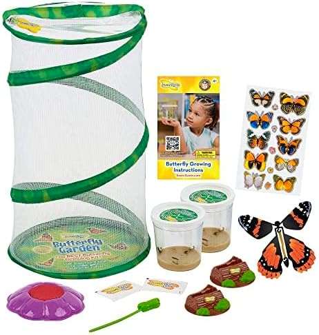 Insect Lore Butterfly Garden 8" Habitat Gift Set with 10 Live Baby Painted Lady Caterpillars - Includes Baby Caterpillars, Raising Supplies, 3D Butterfly Stickers and Butterfly Wind-up Toy