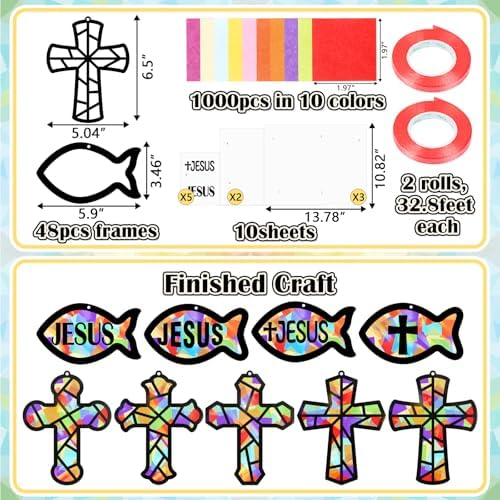 Renbuzhu 48PCS Sunday School VBS Crafts Bulk: Paper Cross Fish Nativity Suncatchers, Jesus Religious Christian Activity DIY Kits Church Decorations, Window Stained Glass Effect Art Supplies - Image 4