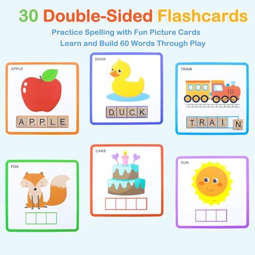 Spelling Game for Kids Ages 3-8, Word Building & Sight Word Games, Phonics Learning Toy with 100 Wooden Letter Tiles & 30 Double-Sided Flashcards, Preschool Kindergarten Early Reading Game - Image 5