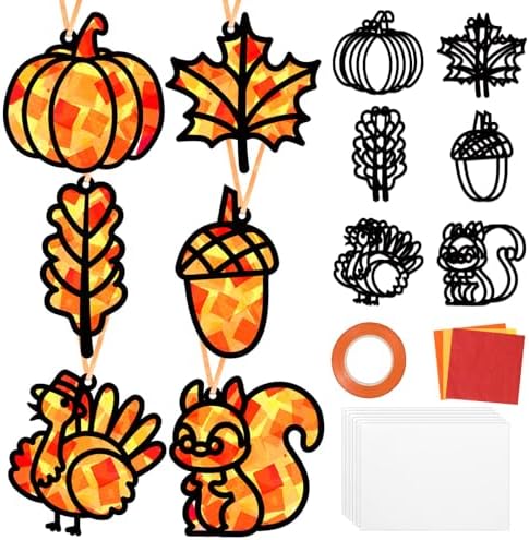 Qyeahkj 36 Set Fall Suncatchers Crafts for Kids DIY Autumn Leaf Pumpkin Acorn Squirrel Window Tissue Paper Craft Kit Hanging Decor for Home Activity Art Project Birthday Party Favor Gift by Qyeahkj