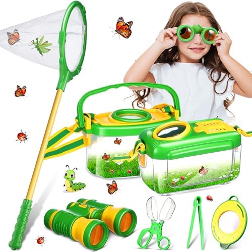 Sherr 7 Pcs Bug Catching Kit for Kids Insect Bug Catching Kit Outdoor Explorer Toys Include Insect Box Butterfly Net Capsule Clip Magnifying Glass Binocular Tweezer Butterfly Viewer Box Adventure Gift by Sherr