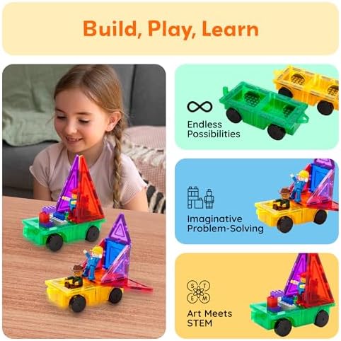 PicassoTiles 2pcs Magnetic Tiles Expansion Car Truck Building Blocks Compatible with regular bricks, Kids Magnet Bricks STEM Learning Toys, Add-ons Toddler Preschool 3 Years and up Boys and Girls PT21 - Image 4