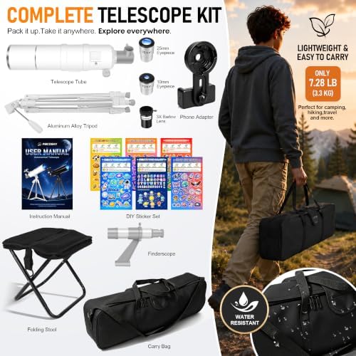 Telescope for Adults & Kids High Powered, 90mm Aperture 600mm Portable Refractor Telescope for Astronomy Beginners with Tripod, Phone Adapter, Carry Bag, Folding Stool & Holiday Stickers - Image 6