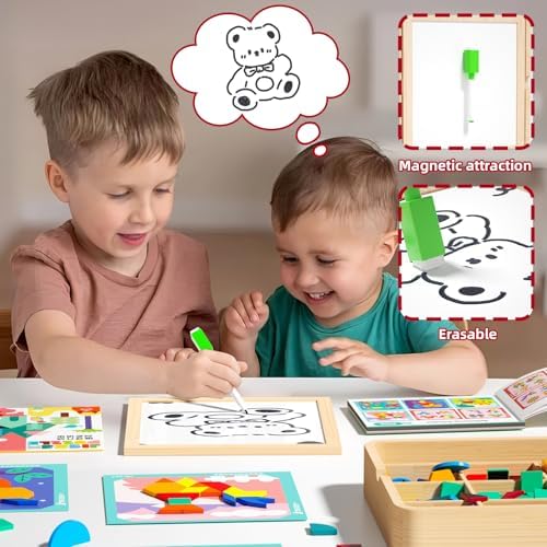 Wooden Magnetic Pattern Block Set with Cards & Pen, 248 Pcs Montessori Creative Magnetic Puzzle Toys for Toddlers 4-8, Learning Educational STEM Tangrams for Kids Boys Girls 4 5 6 7 8 - Image 6