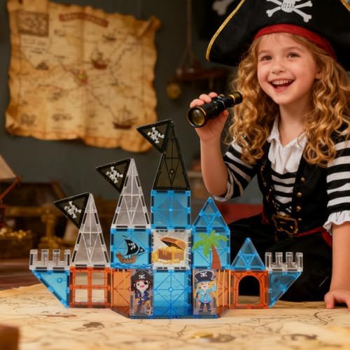 Bmag Magnetic Tiles for Kids,32 PCS Pirate Set with 3D Magnet Building Blocks, STEM Educational Toys for Preschool Learning, Gift for Boys & Girls Age 3 4 5+ - Image 6