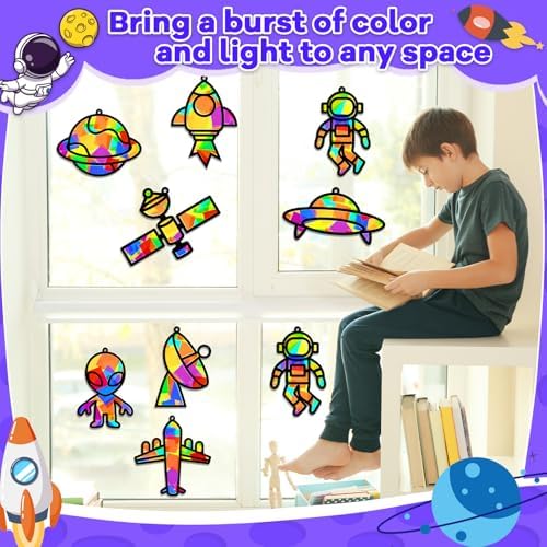 32 Sets Outer Space Suncatchers Craft Kit DIY Window Stained Glass Effect Planet Astronaut Alien Paper Crafts Home School Classroom Decoration Kid Birthday Gift Creative Art Project Activity Game - Image 5